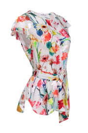 Current Boutique-Elie Tahari - Ivory & Multi Color Floral Burnout Velvet Neck Tie Top Sz 10