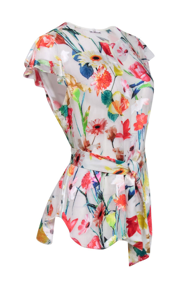 Current Boutique-Elie Tahari - Ivory & Multi Color Floral Burnout Velvet Neck Tie Top Sz 10