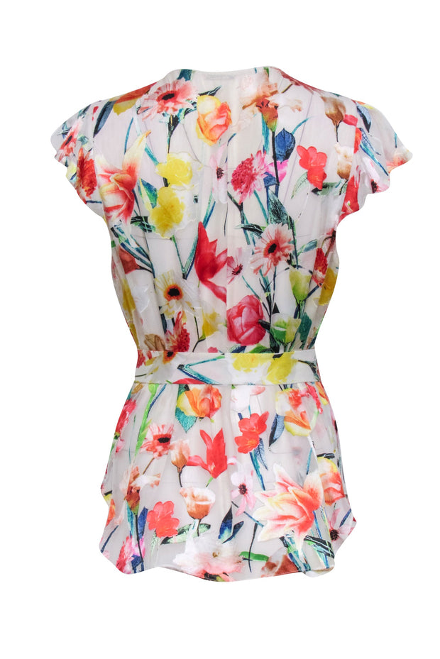 Current Boutique-Elie Tahari - Ivory & Multi Color Floral Burnout Velvet Neck Tie Top Sz 10