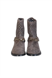 Current Boutique-Elisabetta Franchi - Grey Suede Laser Cut Detail Short Boots Sz 8