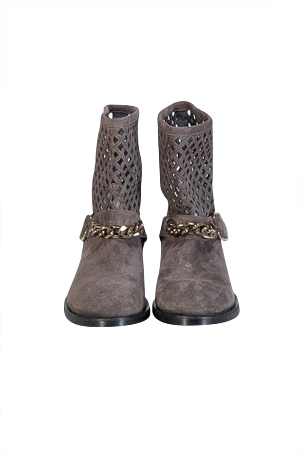 Current Boutique-Elisabetta Franchi - Grey Suede Laser Cut Detail Short Boots Sz 8