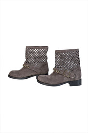 Current Boutique-Elisabetta Franchi - Grey Suede Laser Cut Detail Short Boots Sz 8