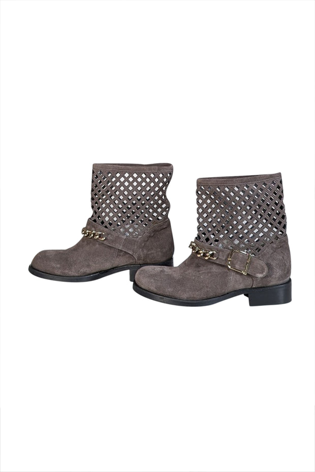 Current Boutique-Elisabetta Franchi - Grey Suede Laser Cut Detail Short Boots Sz 8