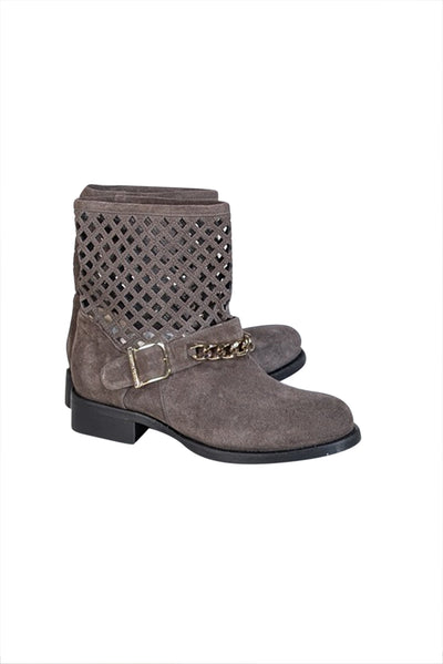 Current Boutique-Elisabetta Franchi - Grey Suede Laser Cut Detail Short Boots Sz 8