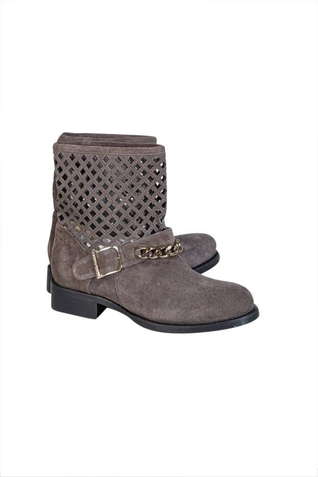 Current Boutique-Elisabetta Franchi - Grey Suede Laser Cut Detail Short Boots Sz 8