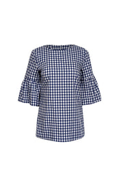 Current Boutique-Elizabeth McKay - White & Blue Gingham Detachable Flounce Sleeve Top Sz XS