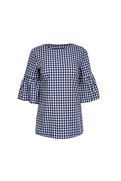 Current Boutique-Elizabeth McKay - White & Blue Gingham Detachable Flounce Sleeve Top Sz XS