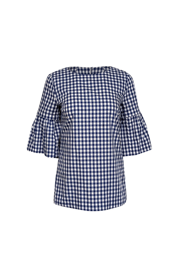Current Boutique-Elizabeth McKay - White & Blue Gingham Detachable Flounce Sleeve Top Sz XS