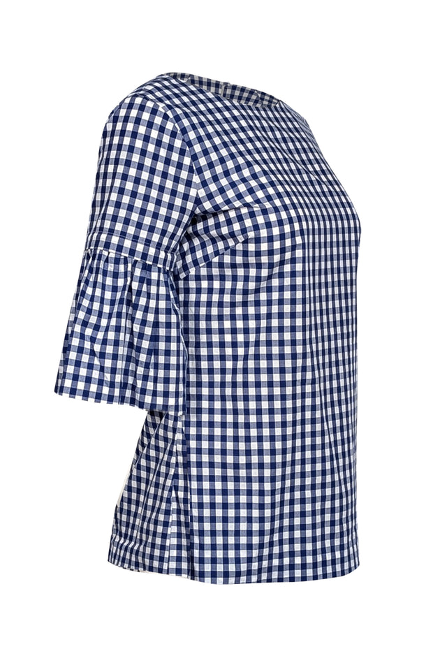 Current Boutique-Elizabeth McKay - White & Blue Gingham Detachable Flounce Sleeve Top Sz XS