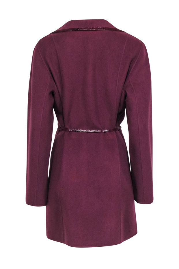Current Boutique-Linda Allard x Ellen Tracy - Plum Wool Belted Jacket w/ Leather Trim Sz 10