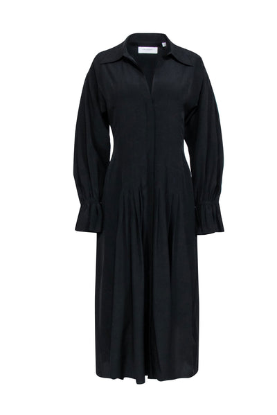 Current Boutique-Equipment - Black Silk Pleated Midi Dress w/ Flared Sleeves Sz 6