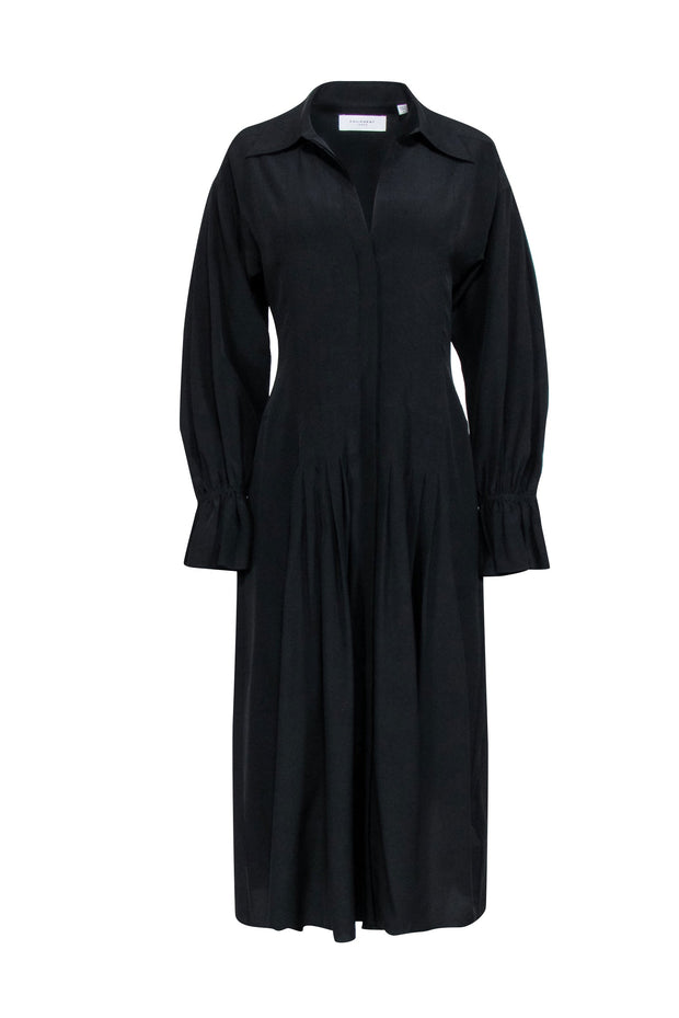 Current Boutique-Equipment - Black Silk Pleated Midi Dress w/ Flared Sleeves Sz 6
