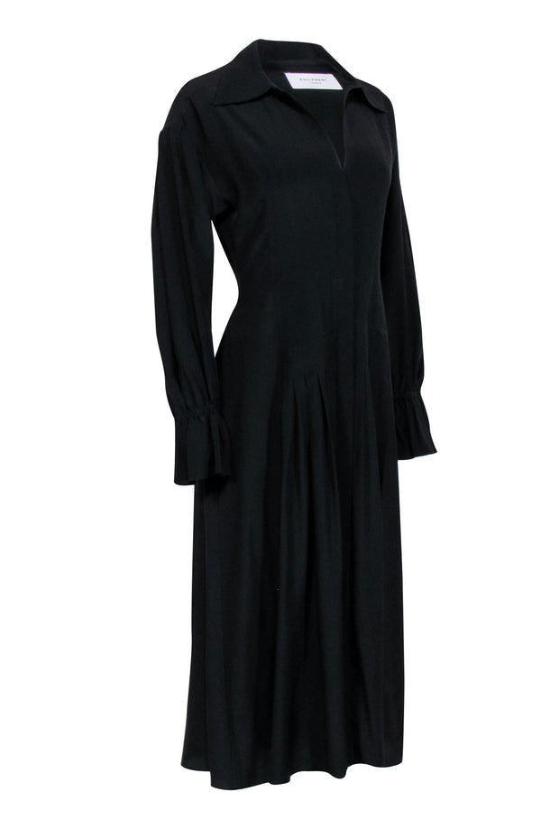 Current Boutique-Equipment - Black Silk Pleated Midi Dress w/ Flared Sleeves Sz 6
