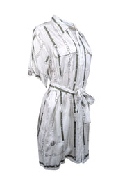 Current Boutique-Equipment - White w/ Green Belt Print Silk Blend Zip Front Dress Sz S