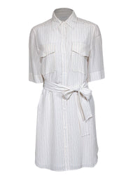 Current Boutique-Equipment - Off-White w/ Pink & Black Stripe Print Silk Dress Sz S