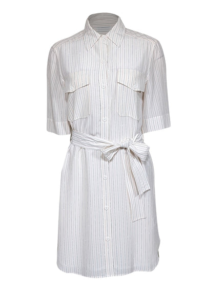 Current Boutique-Equipment - Off-White w/ Pink & Black Stripe Print Silk Dress Sz S