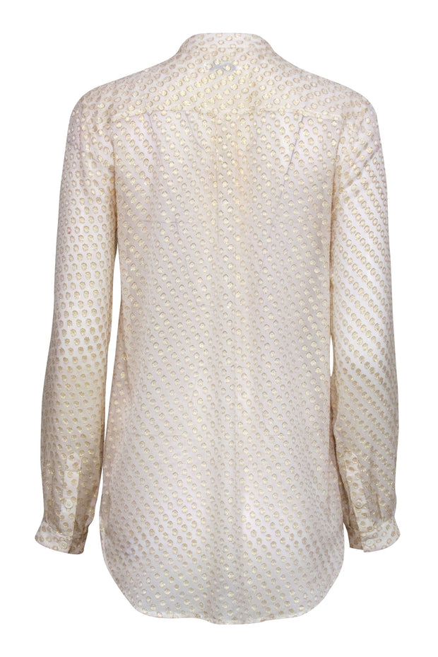 Current Boutique-Equipment - Cream & Gold Metallic Polka Dot Long Sleeve Button-Up Sheer Blouse Sz S