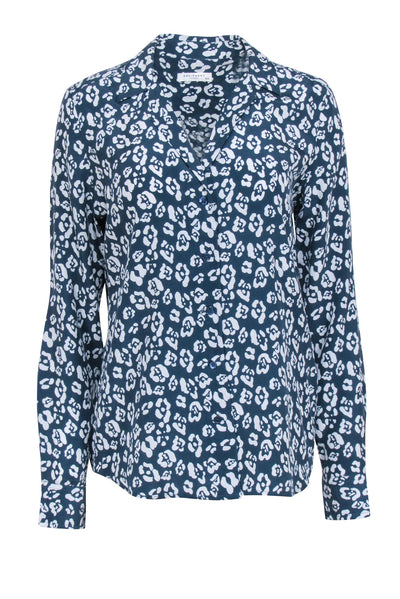 Current Boutique-Equipment - Teal & Off-White Leopard Print Silk Blouse Sz M