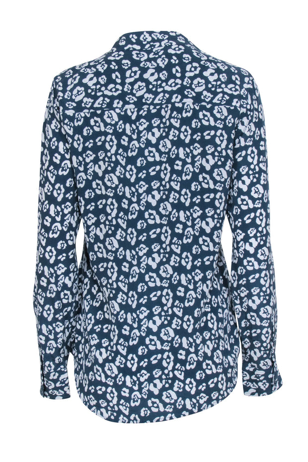 Current Boutique-Equipment - Teal & Off-White Leopard Print Silk Blouse Sz M