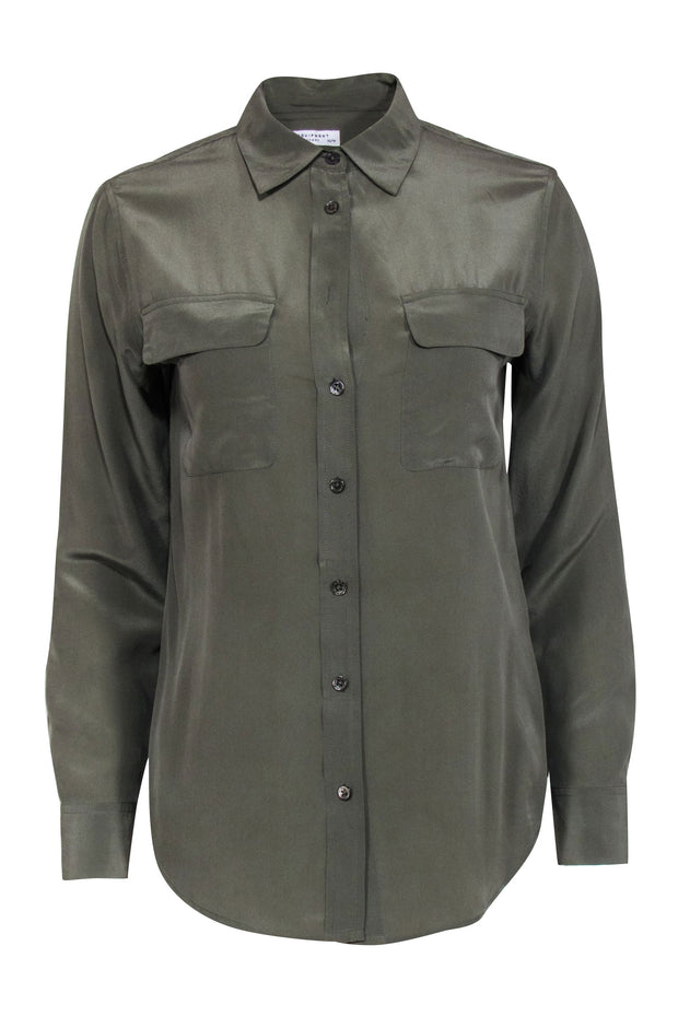 Current Boutique-Equipment - Sage Green Silk Button Up Blouse Sz XS