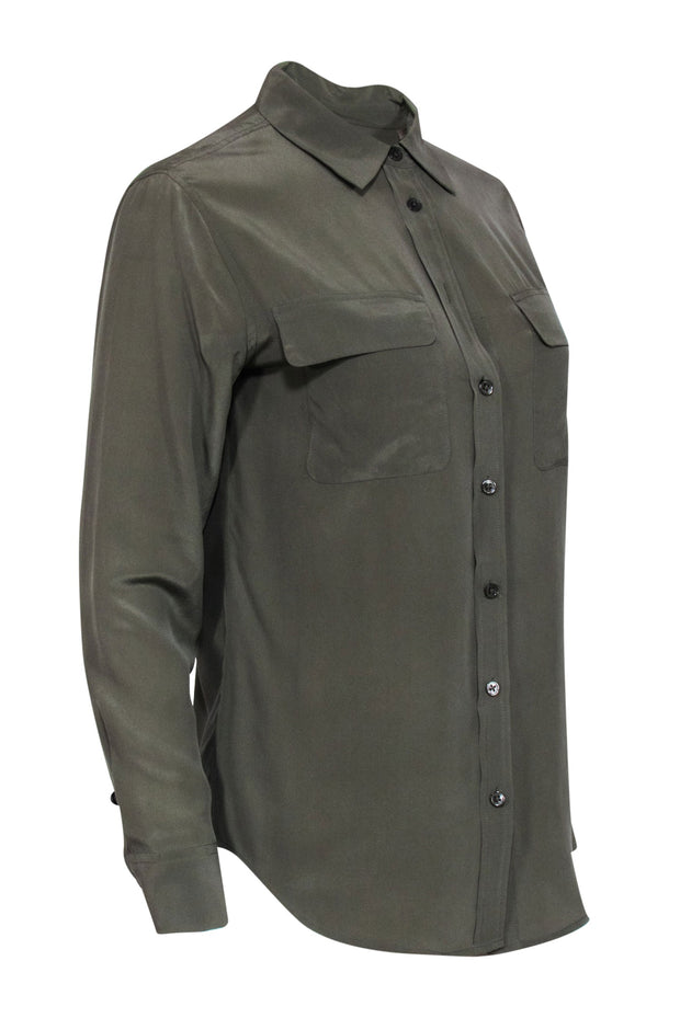 Current Boutique-Equipment - Sage Green Silk Button Up Blouse Sz XS
