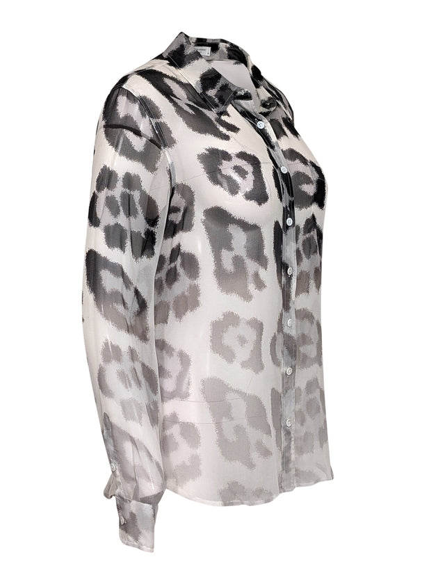 Current Boutique-Equipment - White & Black Leopard Print Sem-Sheer Blouse Sz M