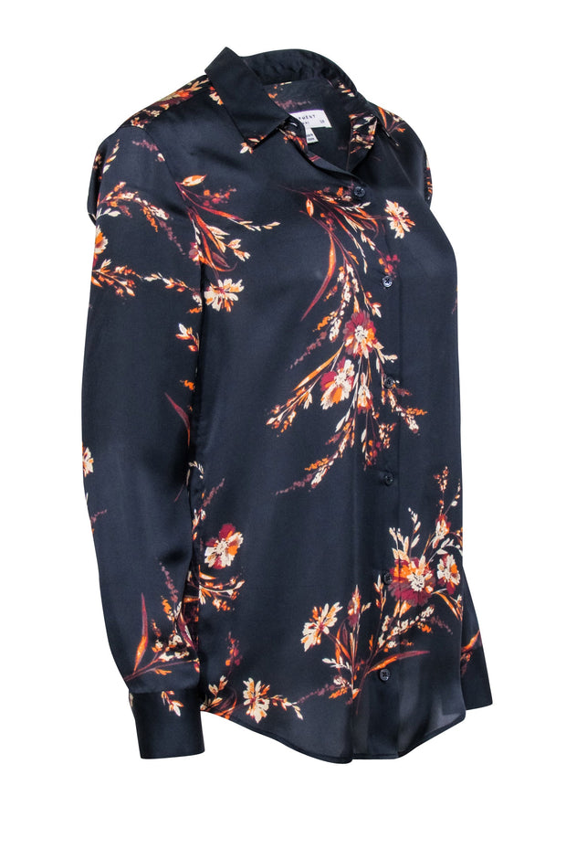 Current Boutique-Equipment - Navy w/ Orange Floral Print Blouse Sz S