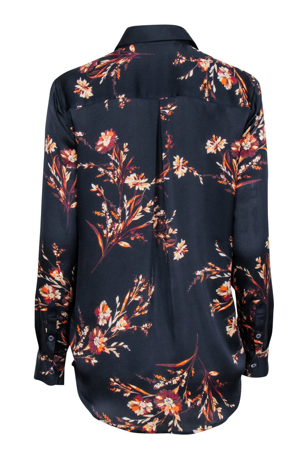 Current Boutique-Equipment - Navy w/ Orange Floral Print Blouse Sz S
