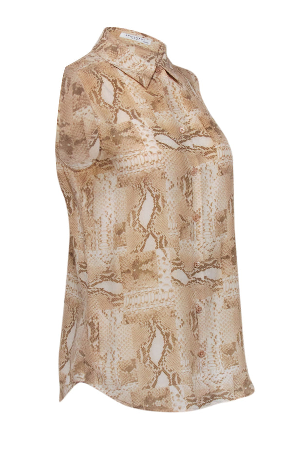 Current Boutique-Equipment - Beige & Brown Snakeskin Print Sleeveless Silk Blouse Sz XS