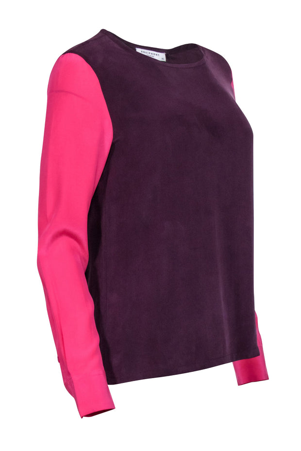 Current Boutique-Equipment - Purple & Pink Silk Color Block Blouse Sz XS