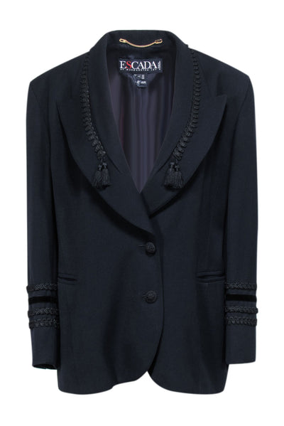Current Boutique-Escada - Navy Blue Wool Blazer w/ Velvet & Tassel Embroidery Sz 8