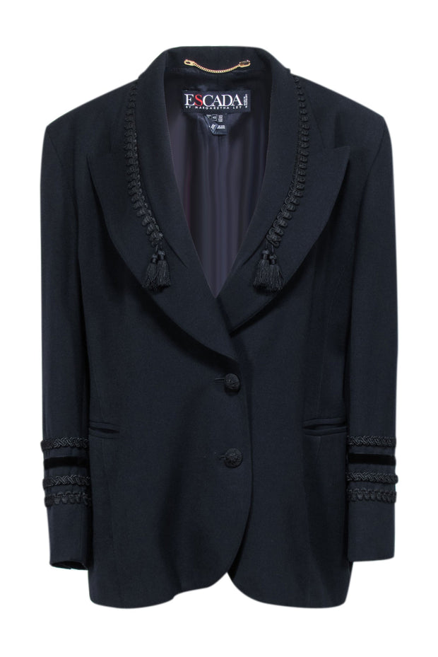 Current Boutique-Escada - Navy Blue Wool Blazer w/ Velvet & Tassel Embroidery Sz 8