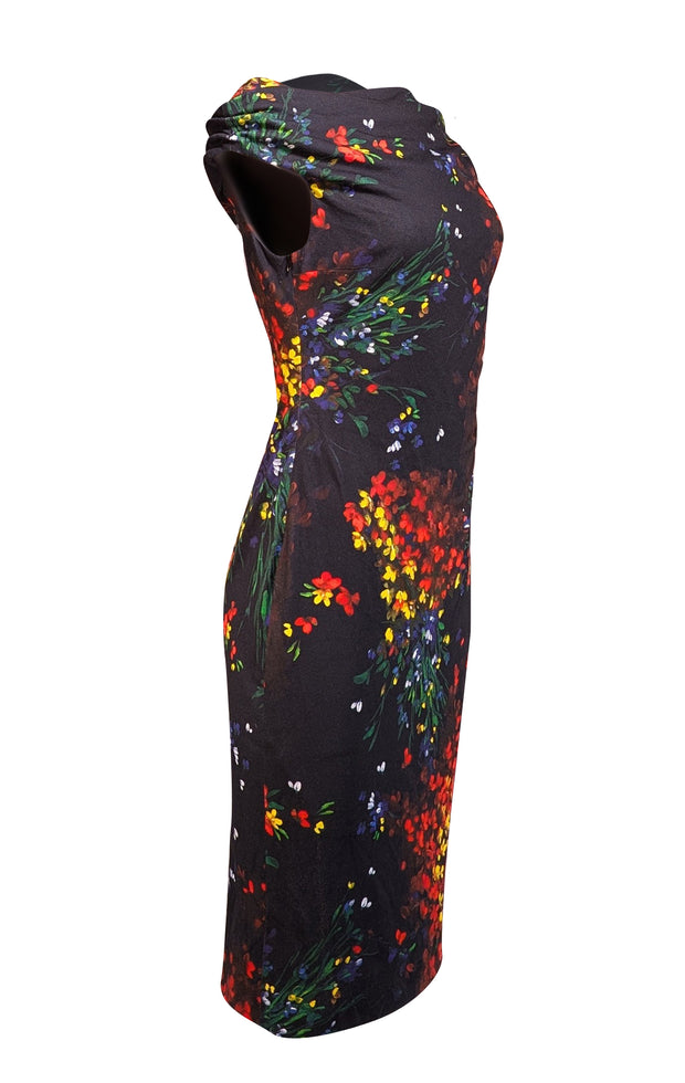 Escada - Black & Multi Color Floral Draped Neckline Dress Sz 8 - Current Boutique