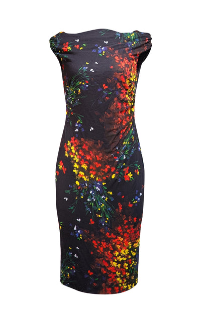 Escada - Black & Multi Color Floral Draped Neckline Dress Sz 8 - Current Boutique