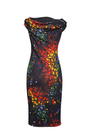 Escada - Black & Multi Color Floral Draped Neckline Dress Sz 8 - Current Boutique