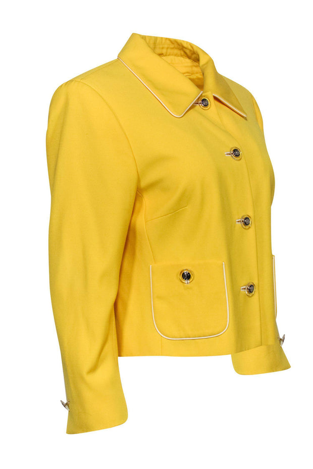Current Boutique-Escada - Bright Yellow Button-Up Wool Jacket w/ White Trim Sz 10