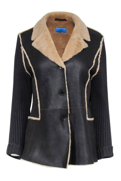 Current Boutique-Escada - Dark Brown Wool & Lambskin Jacket w/ Ribbed Knit Sleeves Sz 10