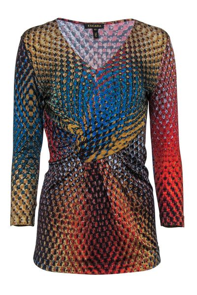 Current Boutique-Escada - Brown, Red, & Blue Print Crop Sleeve Middle Ruched Top Sz XS