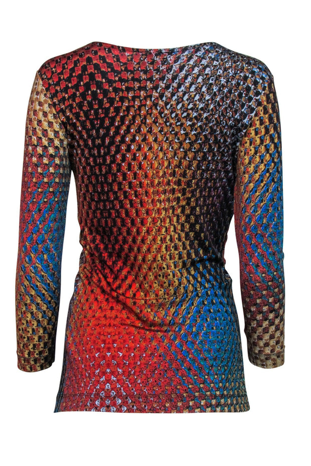 Current Boutique-Escada - Brown, Red, & Blue Print Crop Sleeve Middle Ruched Top Sz XS
