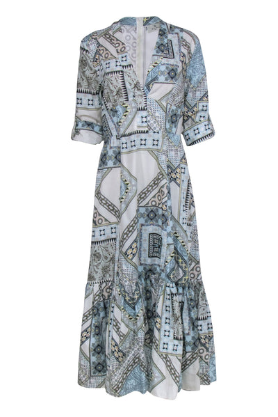 Current Boutique-Etro - White, Blue, & Beige Print Crop Sleeve Maxi Dress Sz 10