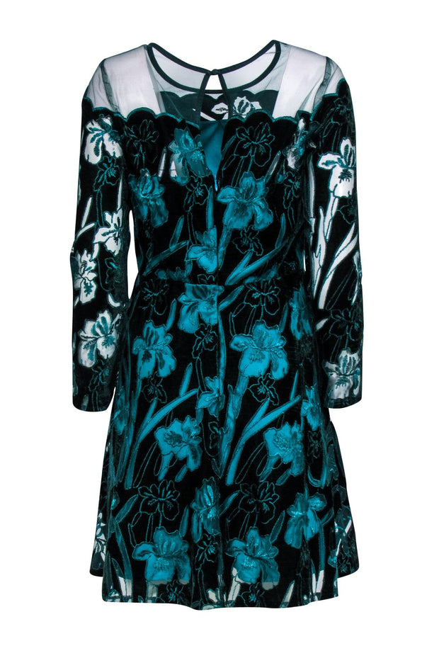 Current Boutique-Eva Franco - Teal Velvet Floral "Lily" Mini Dress Sz 6