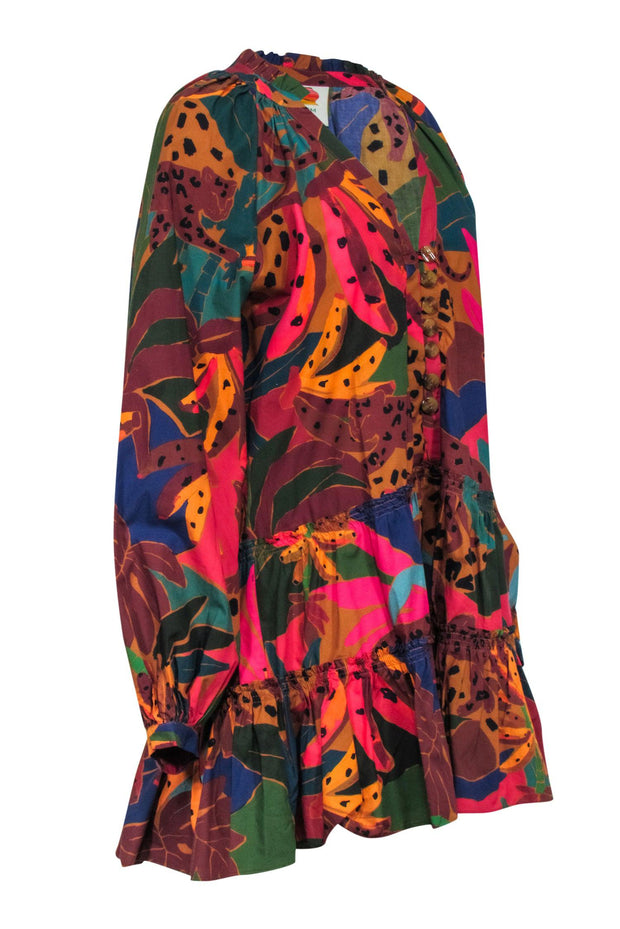 Current Boutique-Farm - Brown, Yellow & Pink Multi Print Tiered Mini Dress Sz M