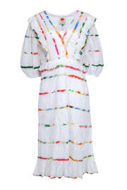 Current Boutique-Farm - White Tiered Maxi Dress w/ Floral Piping Sz L