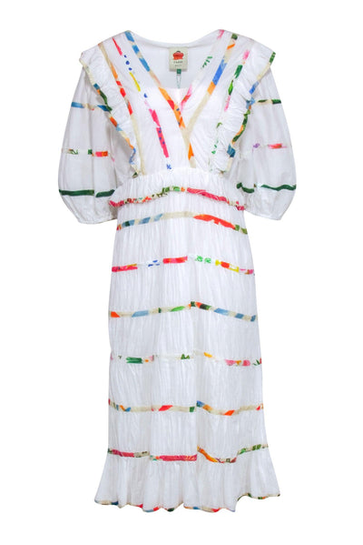Current Boutique-Farm - White Tiered Maxi Dress w/ Floral Piping Sz L