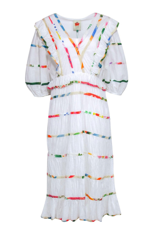Current Boutique-Farm - White Tiered Maxi Dress w/ Floral Piping Sz L