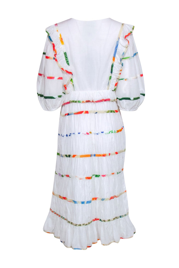 Current Boutique-Farm - White Tiered Maxi Dress w/ Floral Piping Sz L