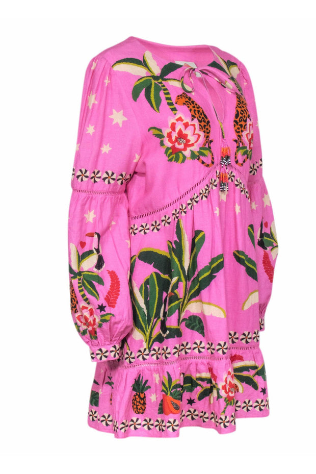 Current Boutique-Farm - Pink Tropical "Leopard Forest" Print Long Sleeve Dress Sz L