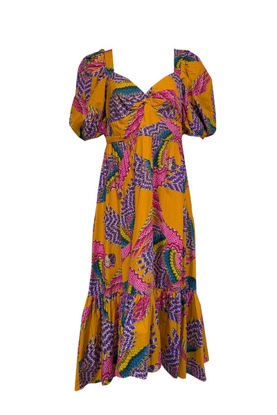 Current Boutique-Farm Rio - Orange w/ Multicolor Macaw Print Poplin Midi Dress Sz L