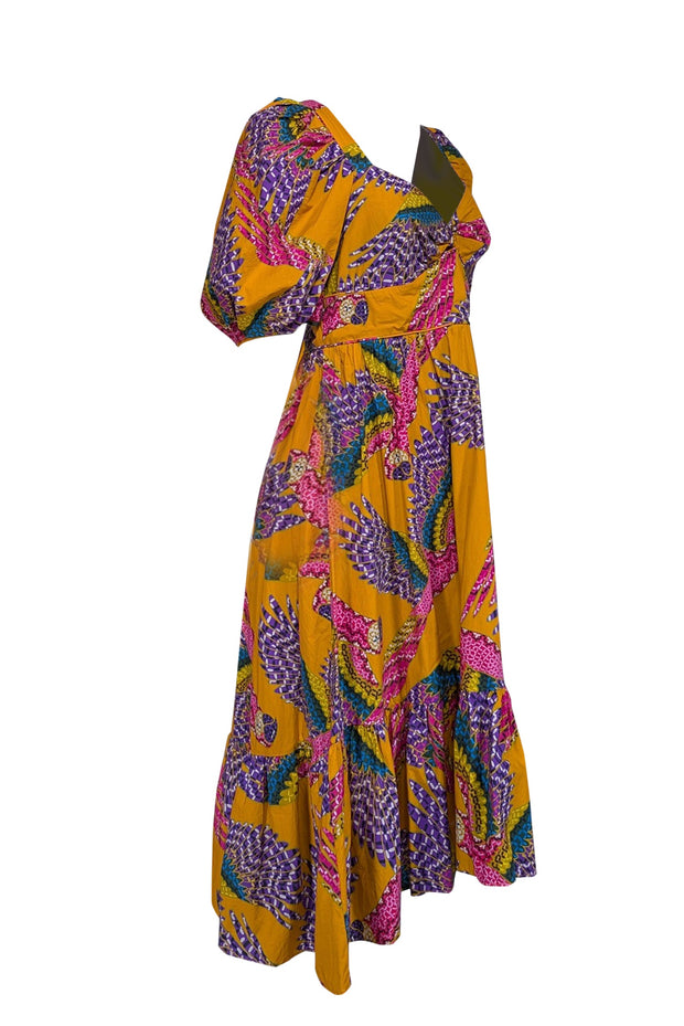 Current Boutique-Farm Rio - Orange w/ Multicolor Macaw Print Poplin Midi Dress Sz L