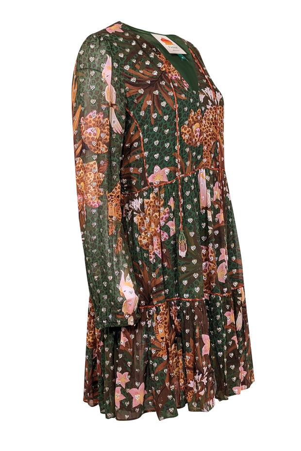 Current Boutique-Farm Rio - Green, Tan, & Peach Jungle Print Mini Dress w/ Metallic Hearts Sz M